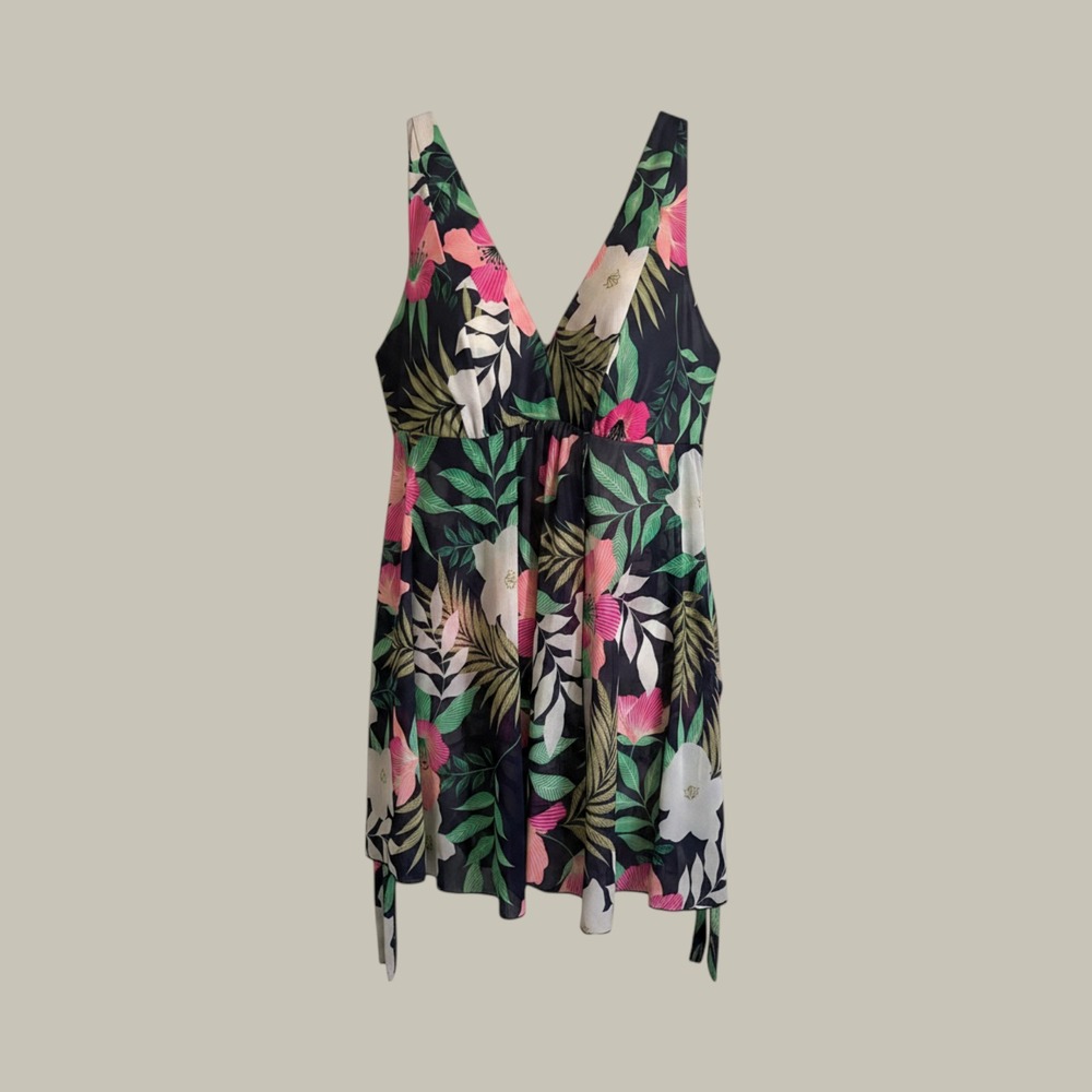 Lane Bryant Floral Tropical Swim Dress Navy Blue V-Neck Swimsuit Top Size 20
